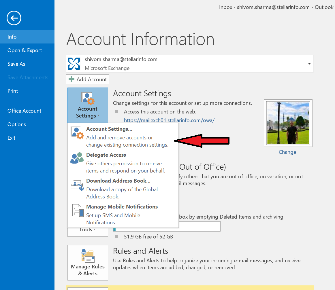 Click File > Account Settings > Account Settings